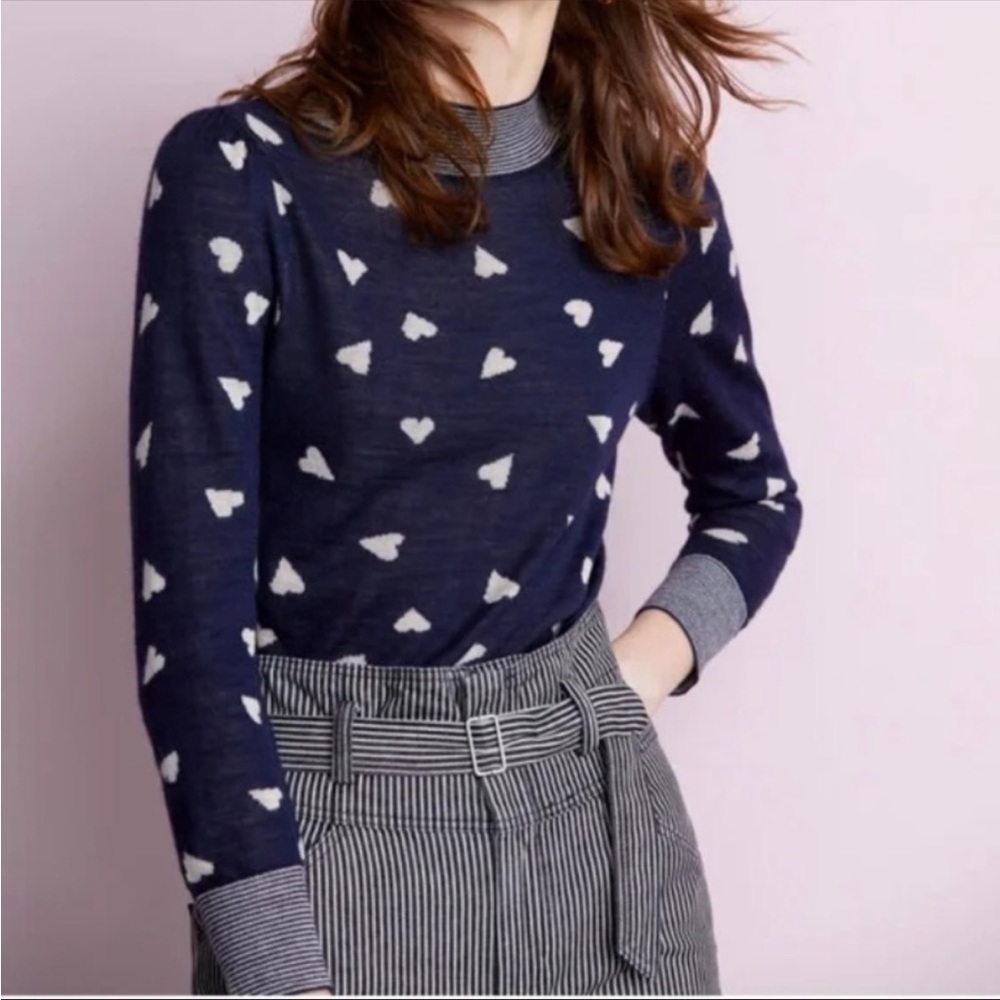 Rebecca Taylor Alpaca Blend Novelty Scattered Heart Jacquard Sweater Navy Small